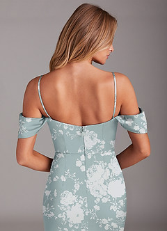 Azazie Saige Bridesmaid Dresses Powder Blue Floral Sheath Off the Shoulder Stretch Satin Dress image8