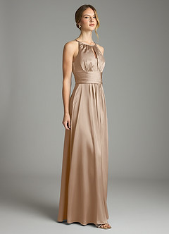 Azazie Bonnie Bridesmaid Dresses Taupe A-Line Pleated Stretch Satin Dress image4