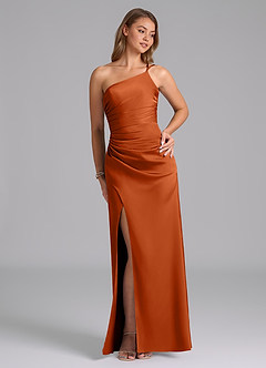 Azazie Eren Robes de demoiselle d'honneur Robe Sirène en Satin extensible Ue épaule Orange Brûlée image4