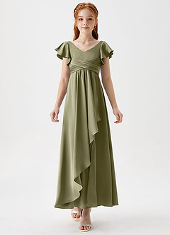 Azazie Omari Junior Pistachio A-Line Pleated Stretch Satin Dress image5