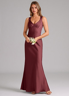 Azazie Kamila Bridesmaid Dresses Merlot A-Line Pleated Stretch Satin Dress image4