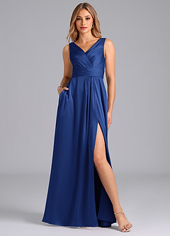 Azazie Karina Bridesmaid Dresses Royal Blue A-Line Pleated Stretch Satin Dress image1