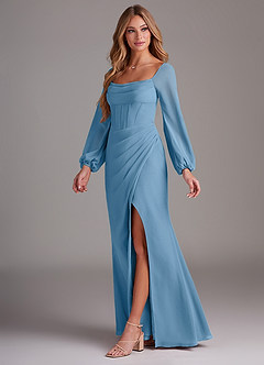 Azazie Charissa Bridesmaid Dresses Steel Blue Sheath Long Sleeve Chiffon Dress image4