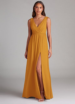 Azazie Tanicia Bridesmaid Dresses Butterscotch A-Line Pleated Chiffon Dress image1