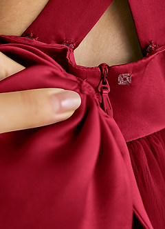 Azazie Peanut Robe Demoiselle D'honneur Fillette Robe Trapèze en Tulle Bretelle Écarlate image6