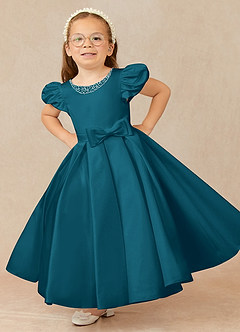 Azazie Jewel vestidos de niña de las flores Vestido de Azul Tinta de Satin Mate de Princesa con Plisado image1