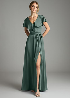 Azazie Lainey Bridesmaid Dresses Sea Moss A-Line with Pockets Stretch Satin Dress image3