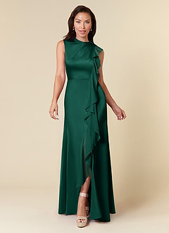 Azazie Narine Mère de la mariée Robes Robe Trapèze en Satin extensible Encolure haute plissée émeraude image3