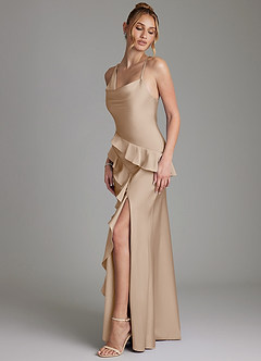 Azazie Jayda Bridesmaid Dresses Taupe A-Line Ruched Stretch Satin Dress image5