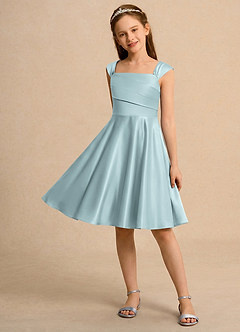 Azazie Budle Flower Girl Dresses Mist A-Line Pleated Matte Satin Dress image3