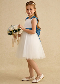 Azazie Lona Abiti da Ragazza di Fiori Abito A-Line in Raso Opaco Fiocco Avorio Blu Acciaio image4