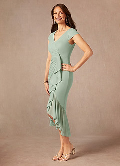 Azazie Renetta Mother of the Bride Dresses Dusty Sage Sheath V-Neck Pleated Mesh Dress image2