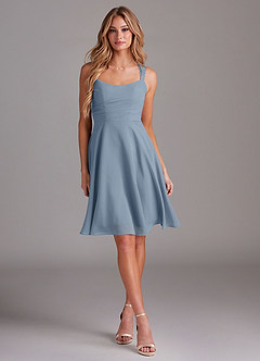 Azazie Vina Bridesmaid Dresses Dusty Blue A-Line Lace Chiffon Dress image3