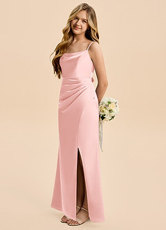 Azazie Christen Junior Powder Pink Sheath Pleated Stretch Satin Dress image3