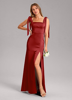Azazie Frostine Bridesmaid Dresses Pomegranate A-Line Bow Stretch Satin Dress image1