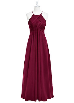 Azazie Ginger Vestidos de damas de honor Vestido Borgoña de Gasa de Línea A con Halter Plisado image6