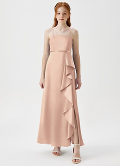 Azazie Kaylee Junior English Rose A-Line with Belt Metallic Satin Dress image5