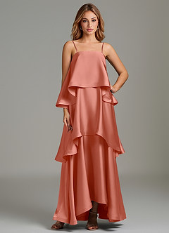 Azazie Azalea Robes de demoiselle d'honneur Robe Trapèze en Satin extensible Drapé Rose Saumon image1