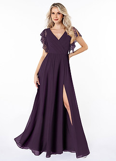 Azazie Zella Bridesmaid Dresses Plum A-Line Lace Chiffon Dress image1
