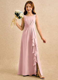Azazie Chibi Girls Formal Robe Demoiselle D'honneur Fillette Robe Trapèze en Mousseline de soie Plissé Rose Poudré image1