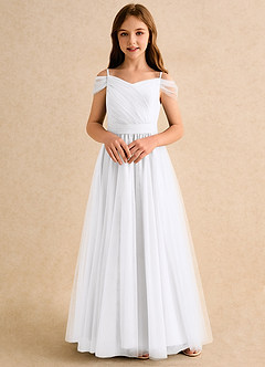 Azazie Yuna Junior Formal Abiti da Ragazza di Fiori Abito A-Line in Tulle a Spalla Scoperta Bianco image4