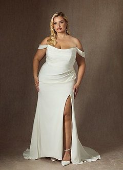 Azazie Moonlight Wedding Dresses Diamond White Mermaid Scoop Pleated Crepe Back Satin Dress image3