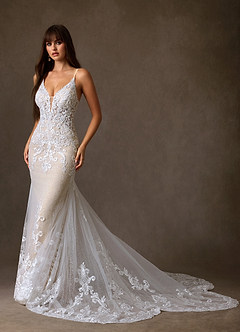 Azazie Selene Final Sale Diamond White Champagne Mermaid V-Neck Lace Dress image7