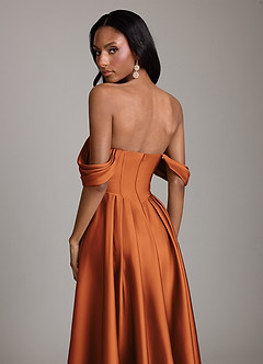 Azazie Loisa Bridesmaid Dresses Cinnamon A-Line Off the Shoulder Stretch Satin Dress image4