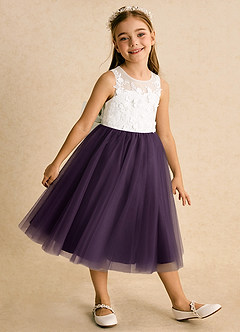 Azazie Lina Flower Girl Dresses Ivory Plum Ball-Gown Lace Dress image4