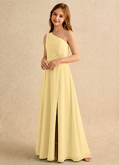 Azazie Puddles Girls Formal Robe Demoiselle D'honneur Fillette Robe Trapèze en Mousseline de soie Une épaule Beurre image4