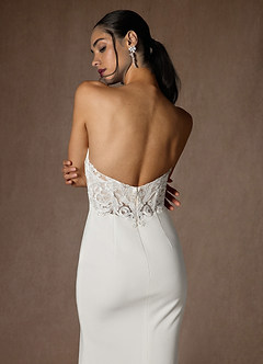 Azazie Mari At-home Try On Dresses Diamond White Mermaid V-Neck Stretch Crepe Dress image6