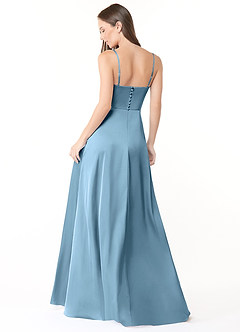 Azazie Halsey Bridesmaid Dresses Steel Blue Sheath Side Slit Stretch Satin Dress image2