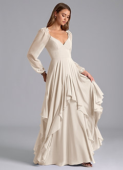 Azazie Karan Bridesmaid Dresses White Alabaster A-Line Long Sleeve Chiffon Dress image4