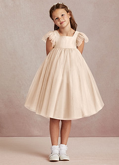Azazie Kalio Flower Girl Dresses White Alabaster A-Line with Sleeves Tulle Dress image2