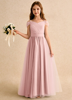 Azazie Yuna Girls Formal Abiti da Ragazza di Fiori Abito A-Line in Tulle a Spalla Scoperta Rosa Cipria image3