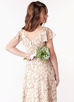 Azazie Omari Junior Pink Fern Floral A-Line Ruched Chiffon Dress image3