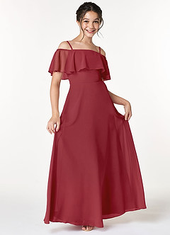 Azazie Maggie Junior Pomegranate A-Line Off the Shoulder Chiffon Dress image1