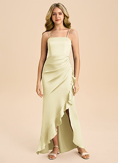 Azazie Buzzy Junior Lemon Sorbet Sheath Pleated Stretch Satin Dress image3