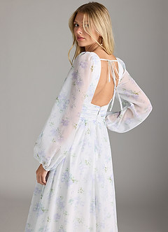 Azazie Norah Robes de demoiselle d'honneur Robe Trapèze en Mousseline de soie Col en V, manches longues Bleu Vintage Florale image7