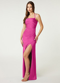 Azazie Desi Vestidos de damas de honor Vestido de Fucsia de Satén Elástico de Corte Recto con Corsé Halter image4