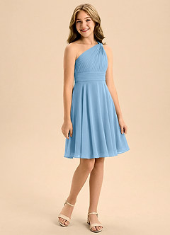 Azazie Charlize Junior Steel Blue A-Line Pleated Chiffon Dress image3