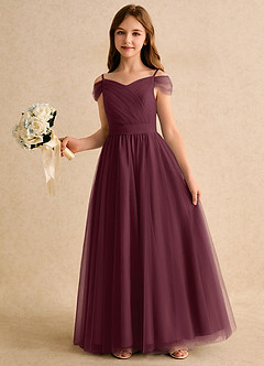 Azazie Yuna Girls Formal Abiti da Ragazza di Fiori Abito A-Line in Tulle Spalle Scoperte Cabernet image5