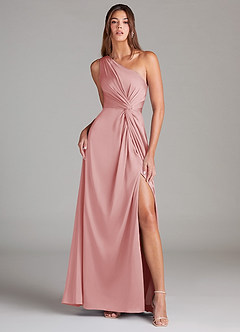 Azazie Brooke Bridesmaid Dresses Powder Pink A-Line One Shoulder Stretch Satin Dress image2