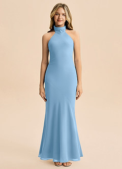 Azazie Velli Junior Meerjungfrau-Linie Hoher Kragen Chiffon Kleid Stahlblau image3