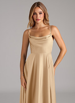 Azazie Elle Bridesmaid Dresses Champagne A-Line Pleated Stretch Satin Dress image2