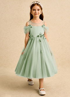 Azazie Juni Flower Girl Dresses Dusty Sage Ball-Gown Pleated Tulle Dress image7