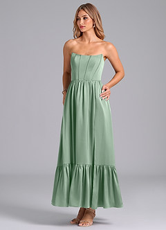 Azazie Leilana Bridesmaid Dresses Agave A-Line Corset Stretch Satin Dress image5