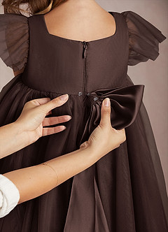 Azazie Kalio Flower Girl Dresses Ganache A-Line with Sleeves Tulle Dress image4