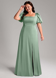 Azazie Fyona Bridesmaid Dresses Agave A-Line Pleated Stretch Satin Dress image11