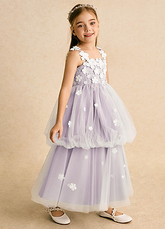 Azazie Teacup Flower Girl Dresses Ivory Frosted Lilac Ball-Gown Lace Tulle Dress image1